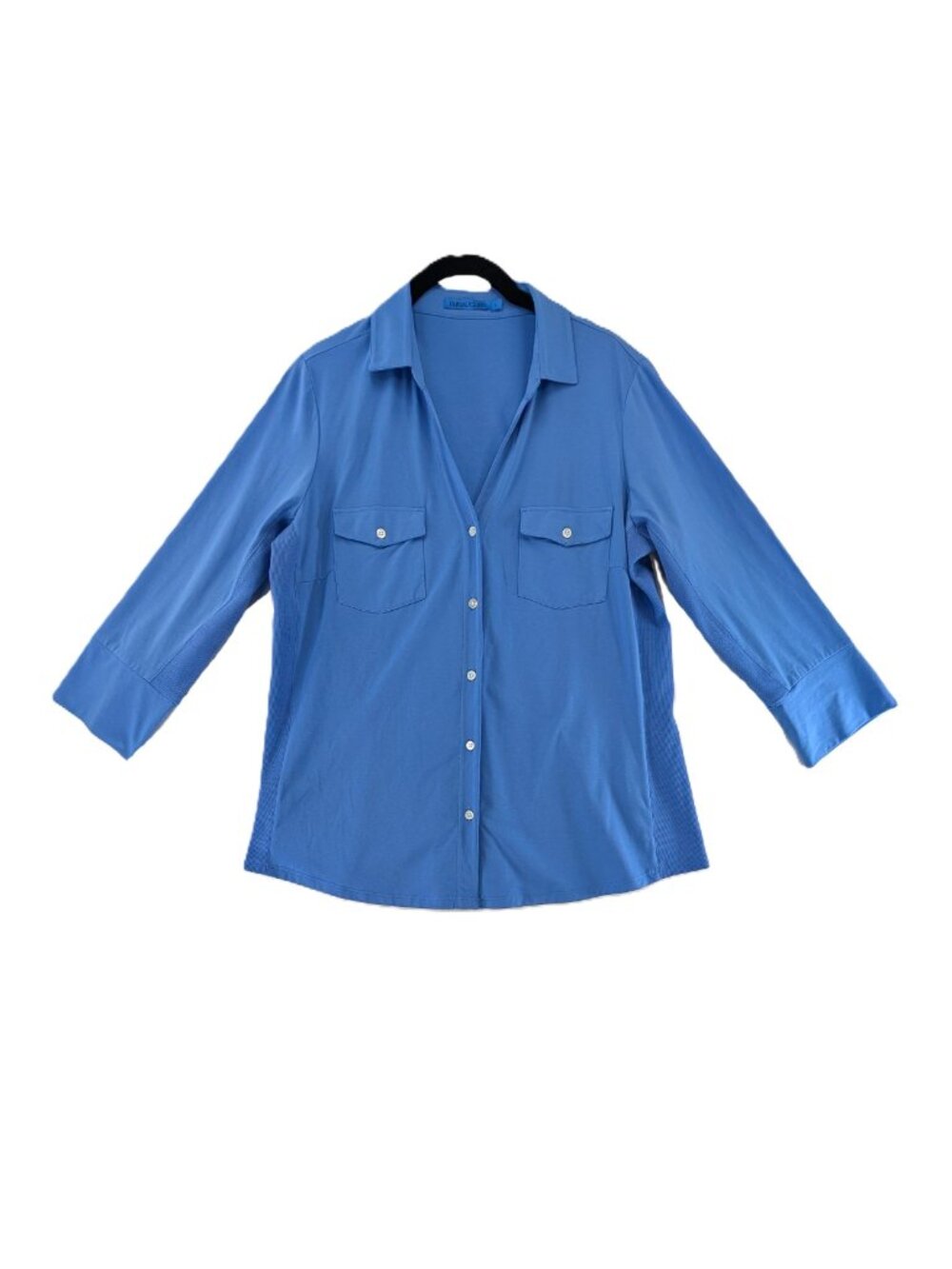 J McLaughlin Button Shirt Top Womens Size Large Blue Ribbed Sides V-Neck Pockets